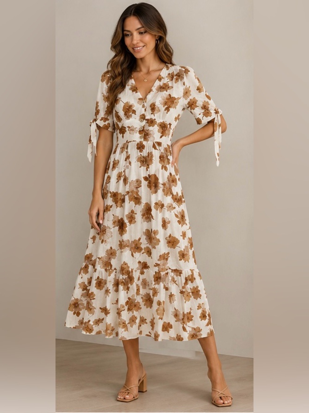 Altar’d state Floral Tie-Sleeve Midi Dress in cottagecore Cream and Brown size S